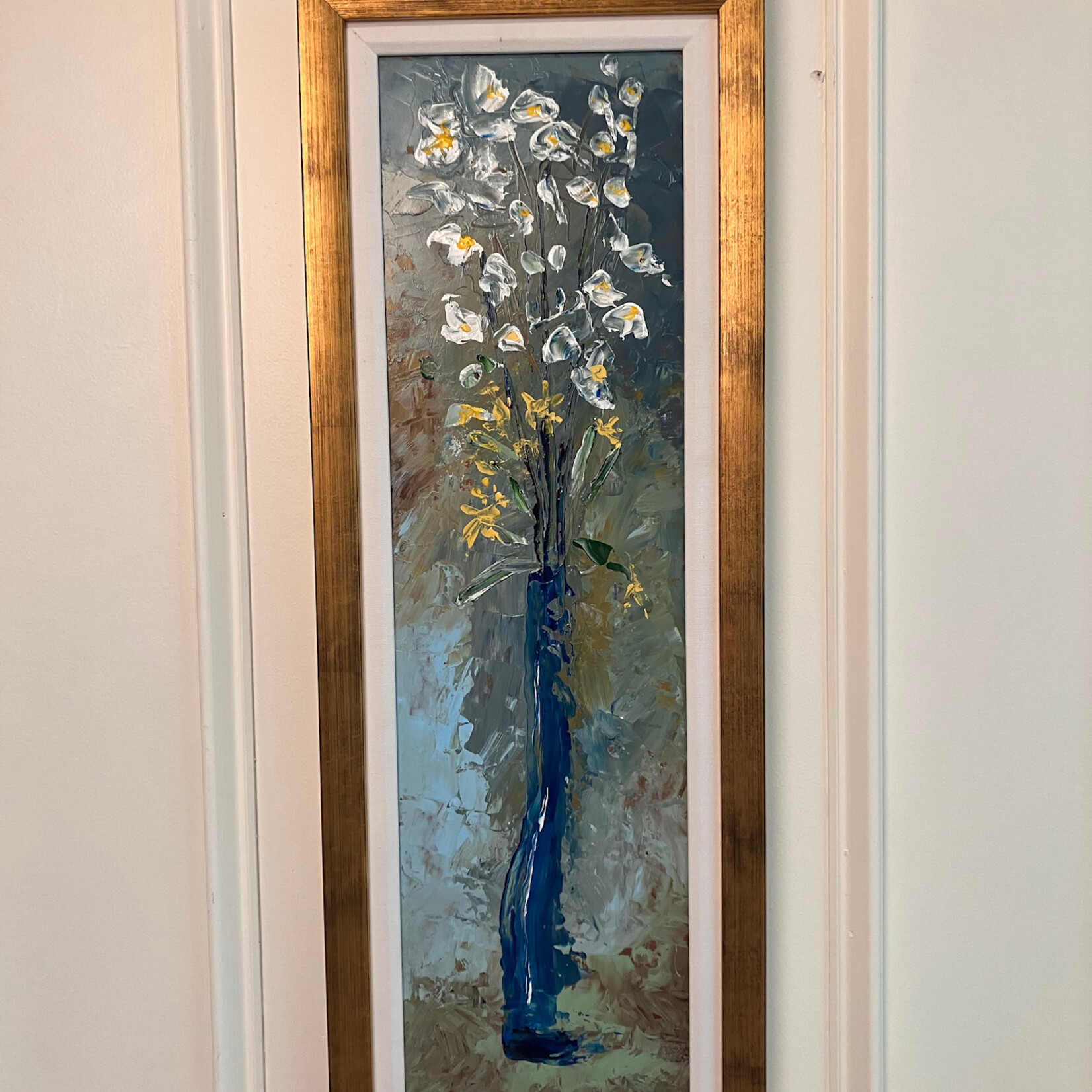 Scott Ellis 11" x 31" Original Painting by Scott Ellis (outside frame measurement) Steel Blue Background w White/Gold Flowers