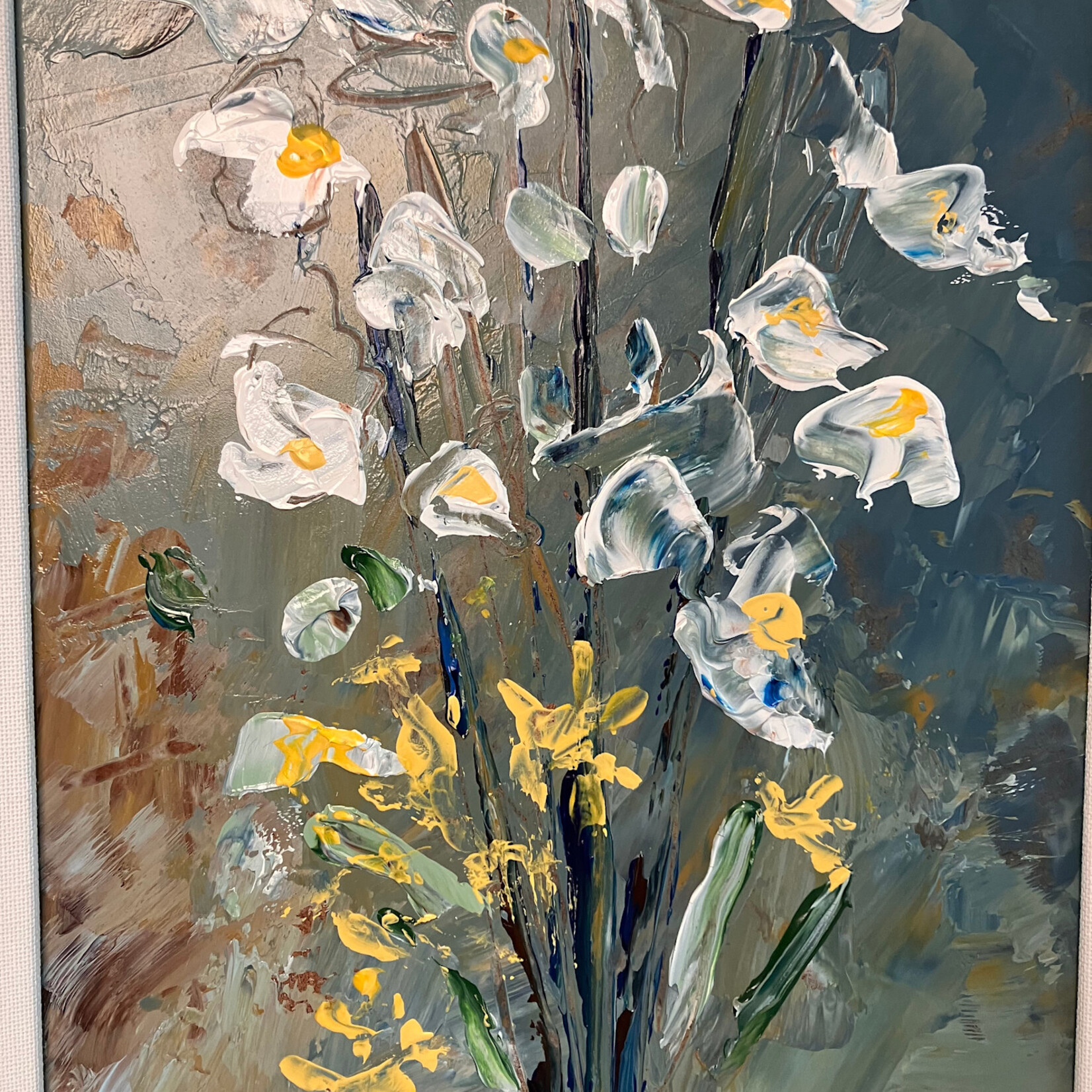 Scott Ellis 11" x 31" Original Painting by Scott Ellis (outside frame measurement) Steel Blue Background w White/Gold Flowers