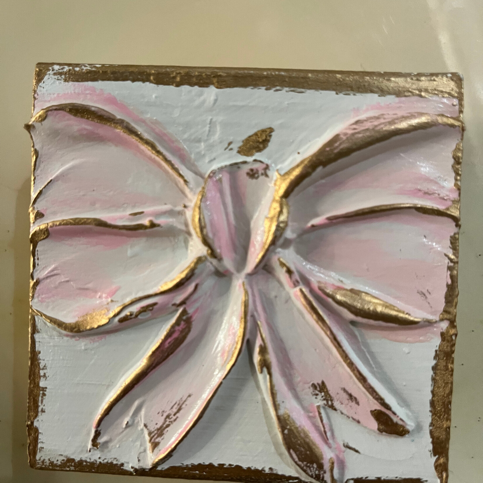 Coddiwompie Hand Painted PInk Bow 4"x4"
