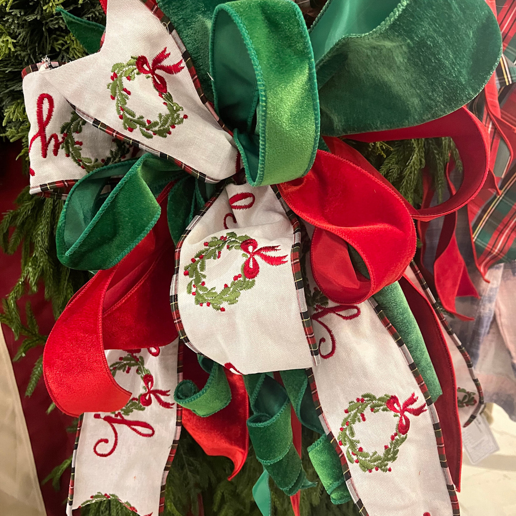 Reliant Ribbon White Joy Ribbon, Green, Red Velvet