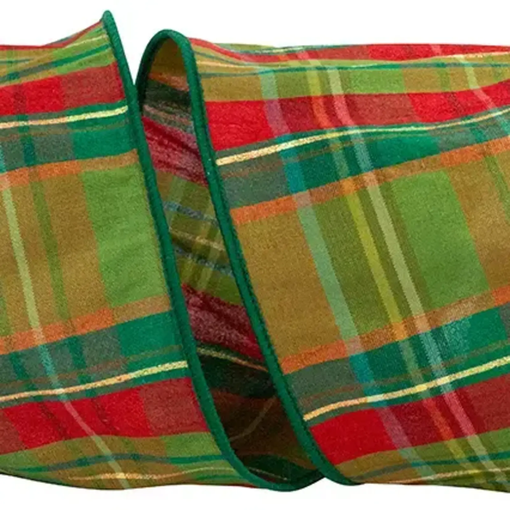 Reliant Ribbon Plaid Verde Tradition Wired Edge, Green/Red Ribbon