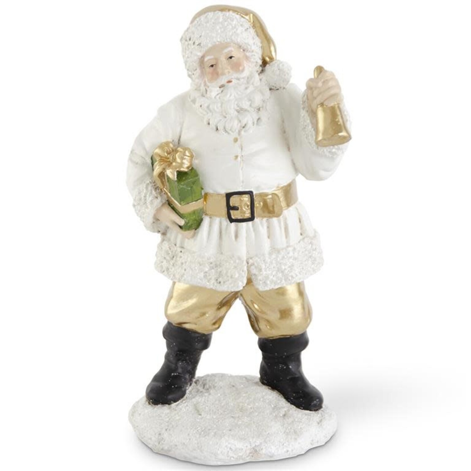 K&K Interiors 12.25"  Inch White & Gold Resin Santa w Package & Bell