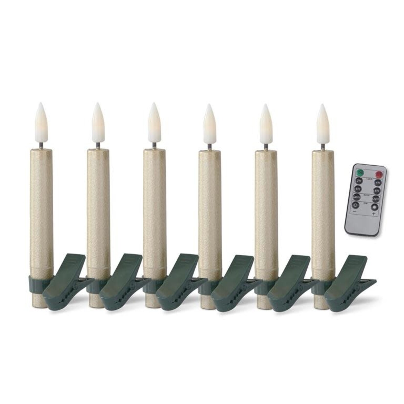 K&K Interiors Set of 6.5" Gold Glittered LED Tree Clip Candles w/Timer & Remote