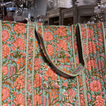 Hand Crafted Quilted Block Printed Tote - Salmon and Teal