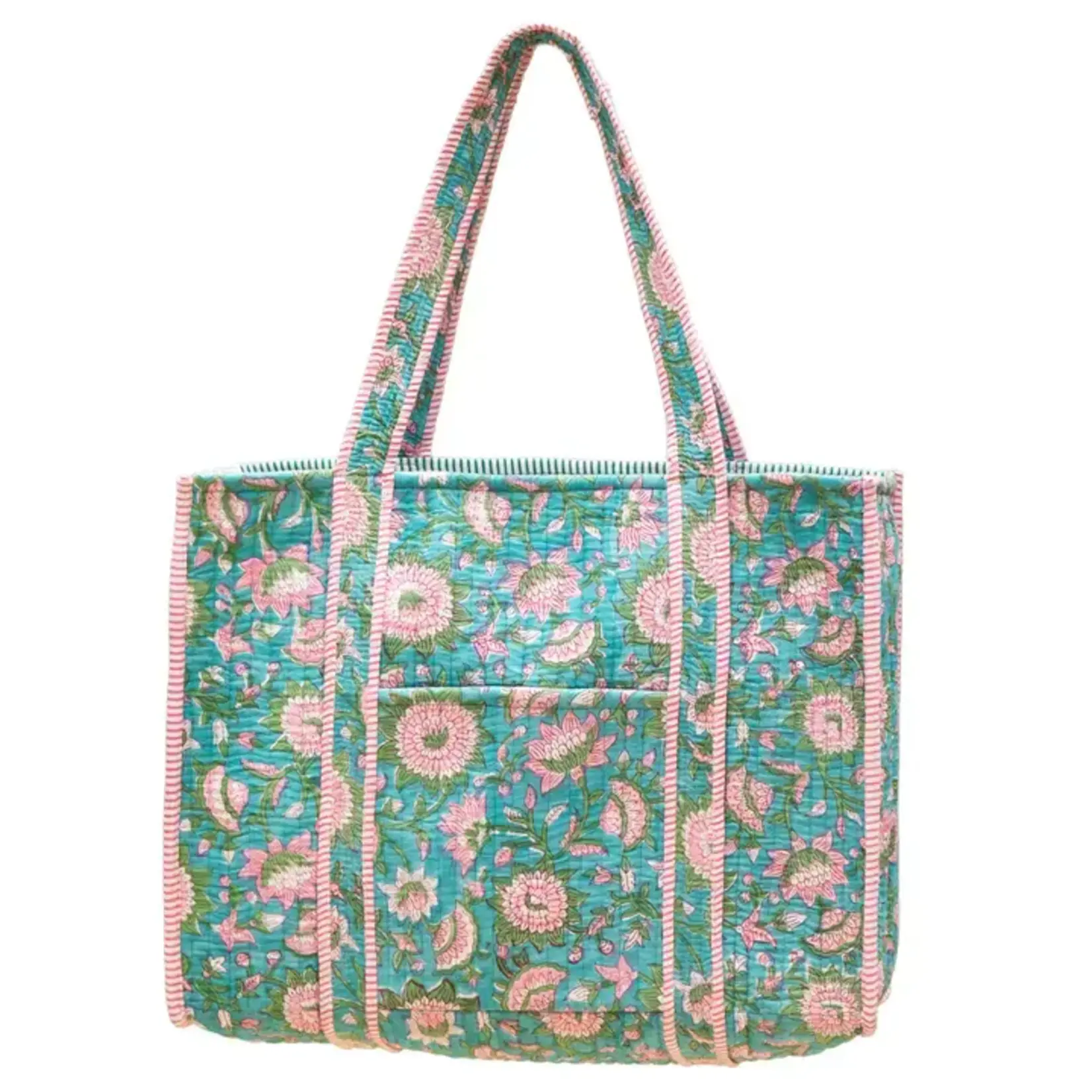 Aqua Bloom Quilted Block Printed Tote
