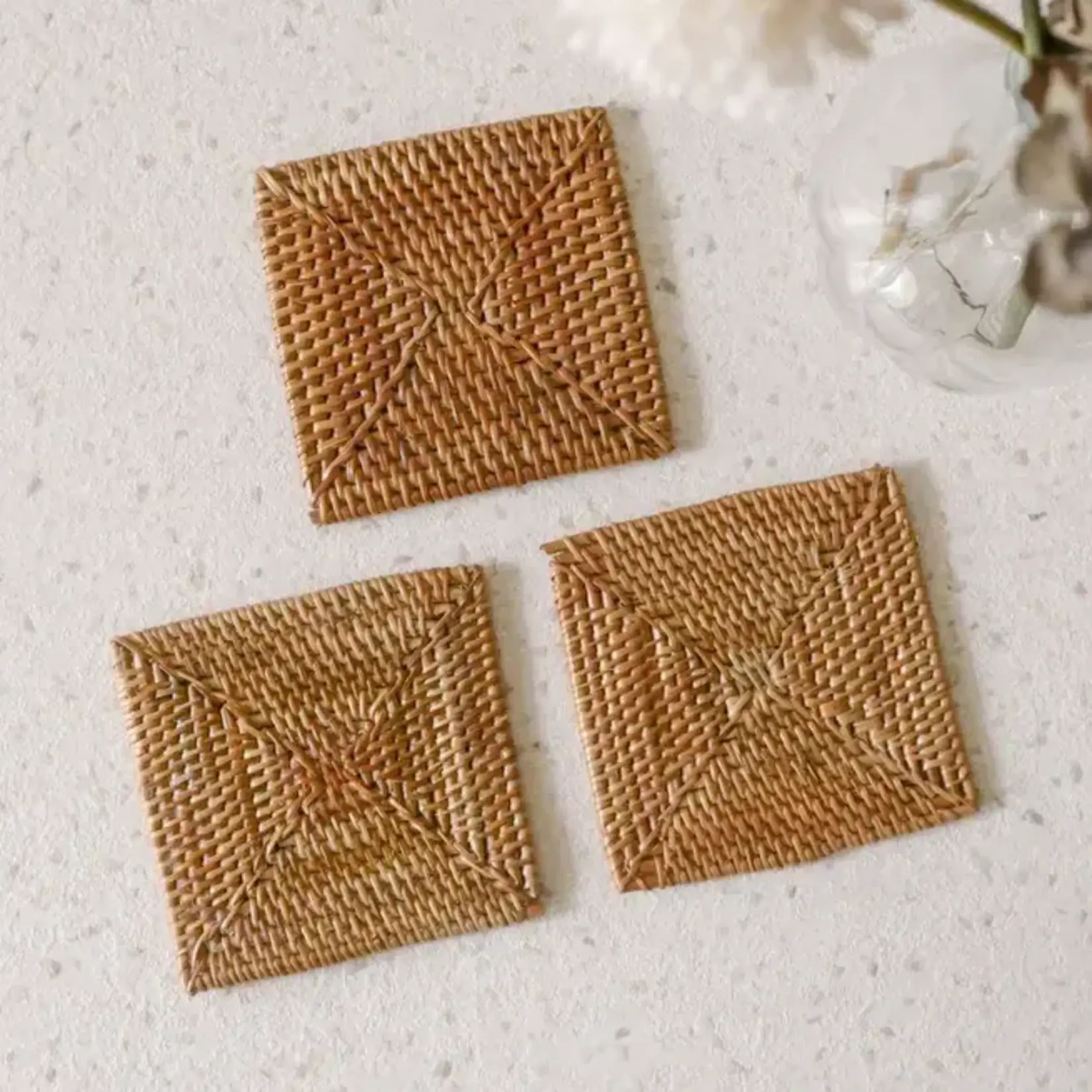 Bali Harvest Square Rattan Coaster - Brown Boho Straw Raffia ( set of 2)