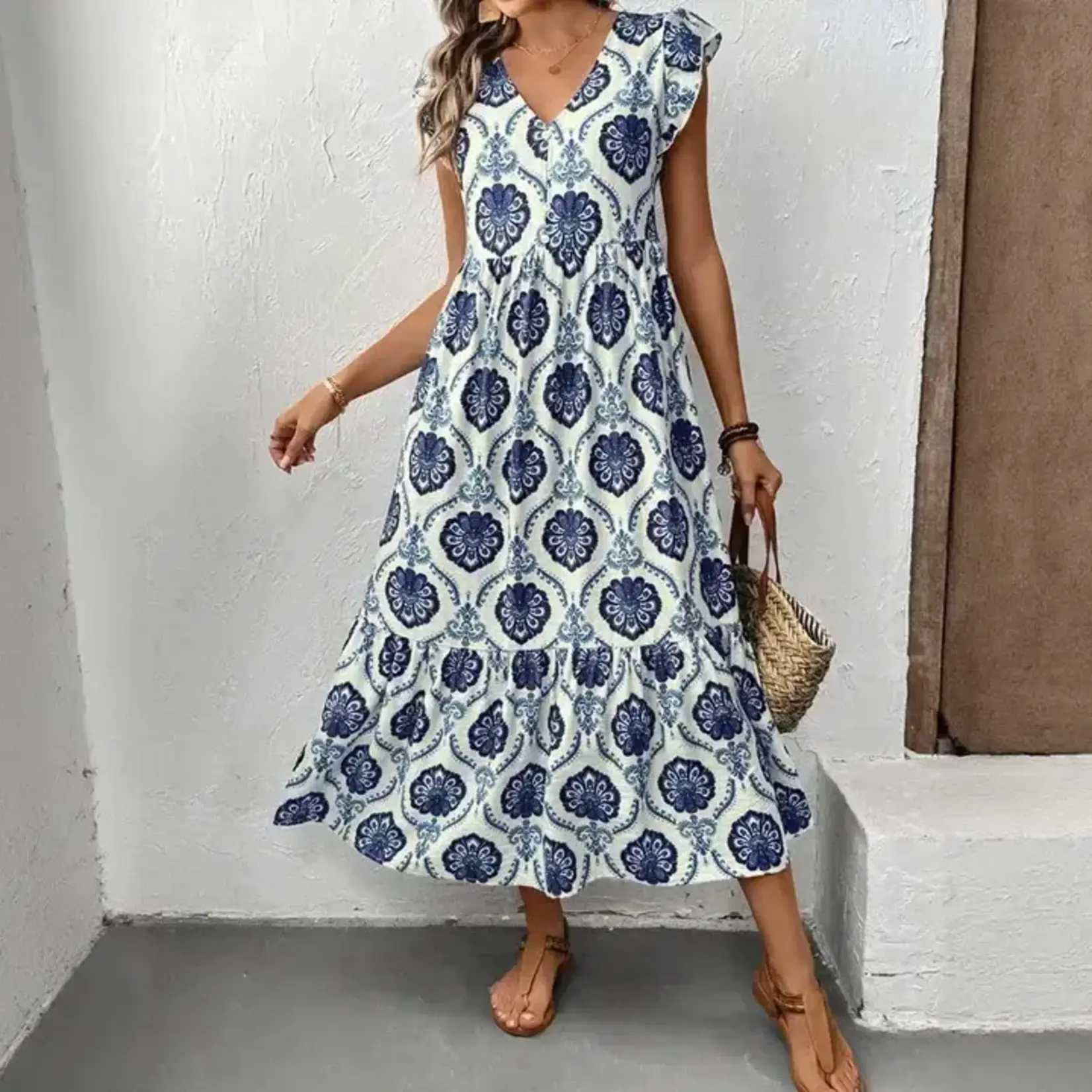 Loose Fit Deep V Neck Printed Maxi