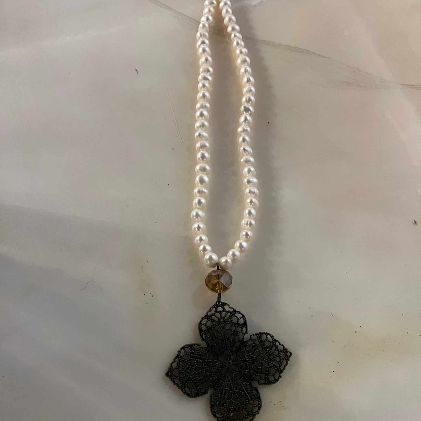 Lost Petal Linens Freshwater Pearl Necklace w/ Flower Pendant