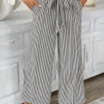 Black Stripe Tied High Waist Loose Straight Casual Pants
