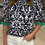 Black Damask Print Ruffled Color Block Detail Half Sleeve Blouse
