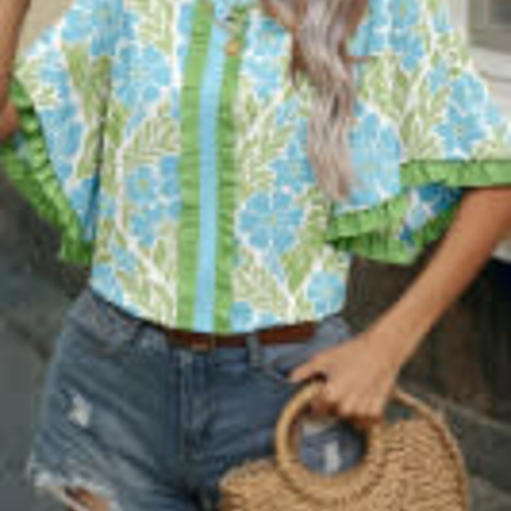 Floral Print Ruffled Color Block Trim Half Sleeve Blouse