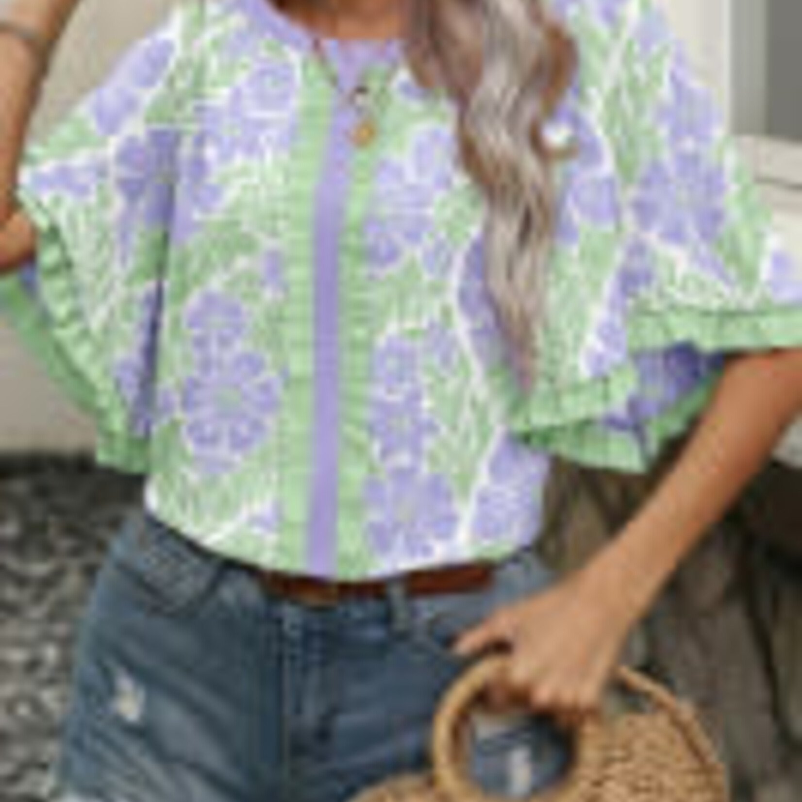 Floral Print Ruffled Color Block Trim Half Sleeve Blouse