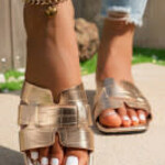 Gold Crocodile Pattern Roman Style Flat Slippers