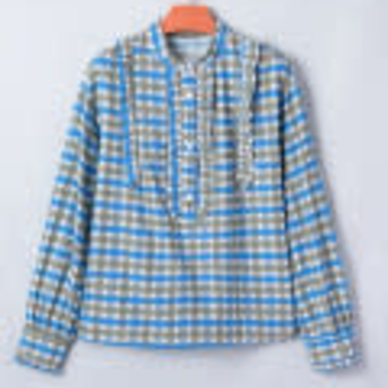 Sky Blue Plaid Long Sleeve Frilled Detail Half Button Blouse