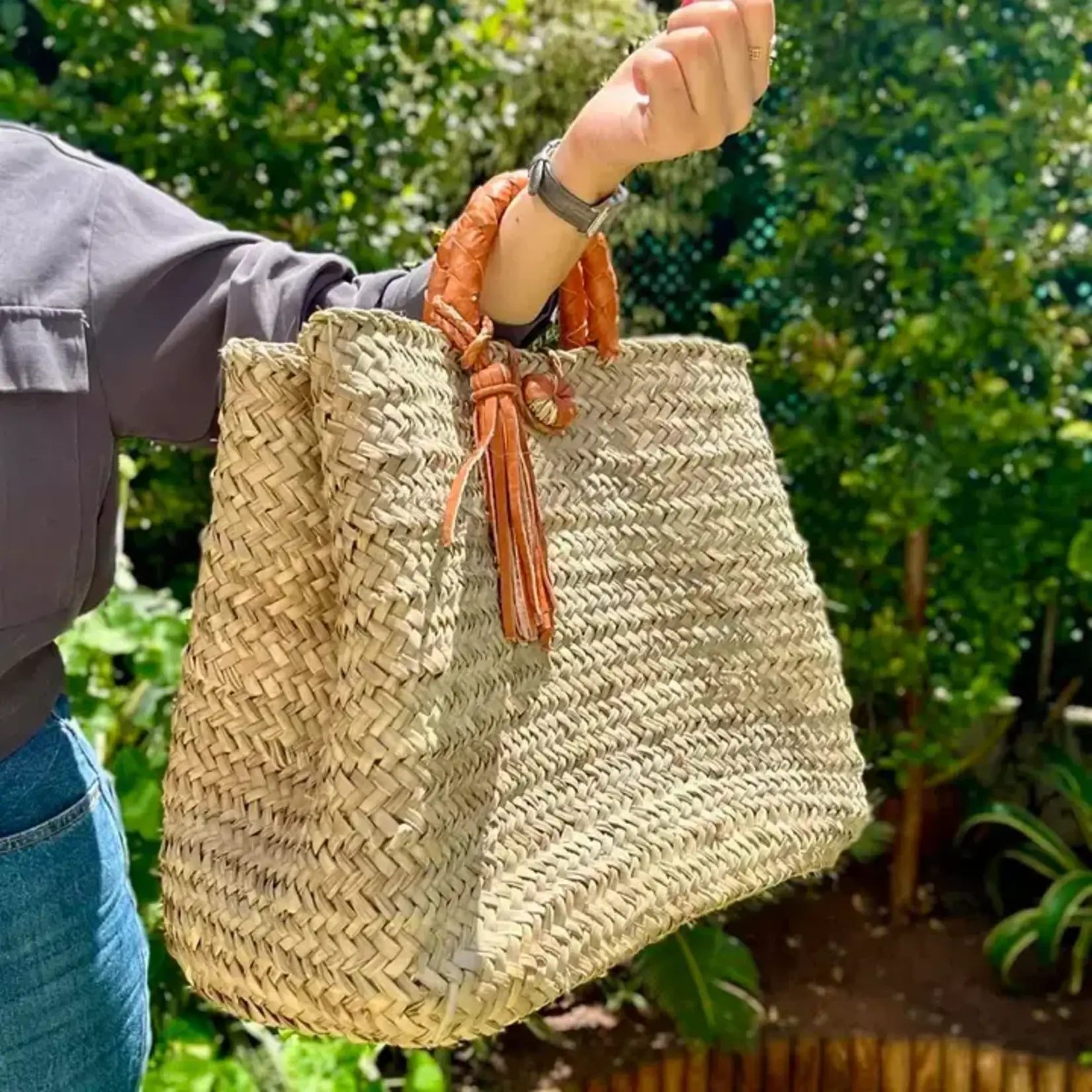 Moroccan Straw Bag with Leather Handles