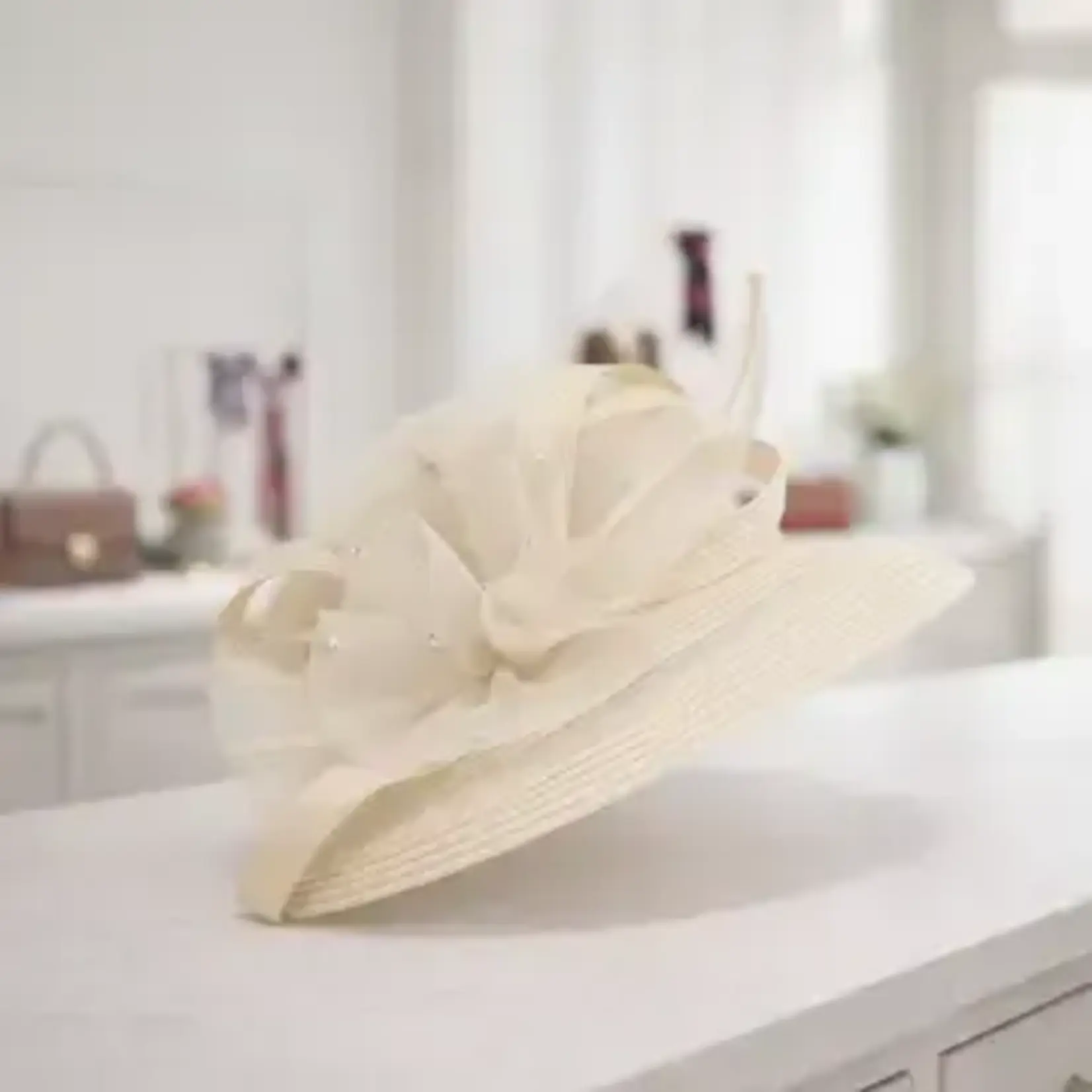 Elegant Dress Hat with Mesh Bow & Rhinestone Ac