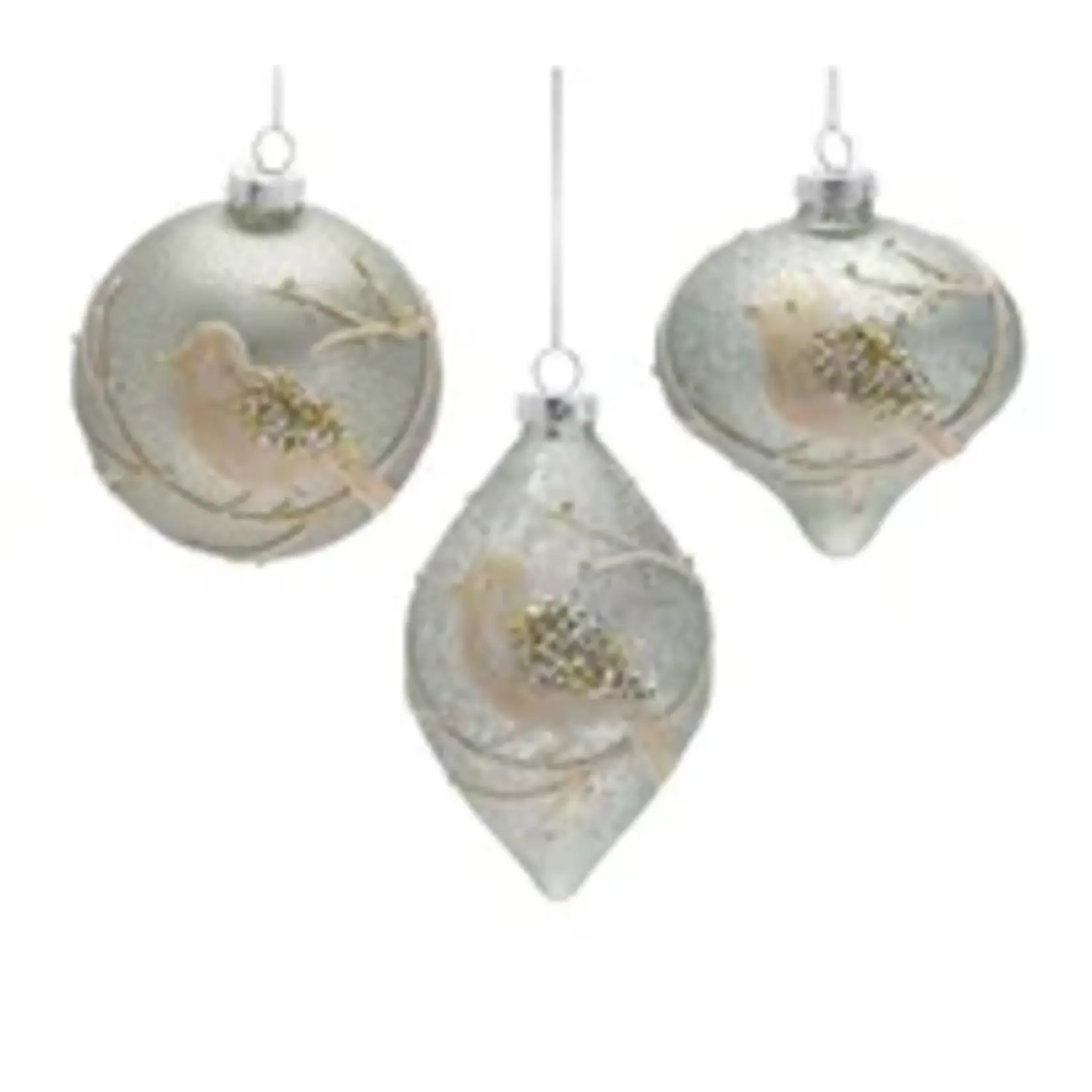 Melrose Glittered Bird Glass Ornament (choose shape)