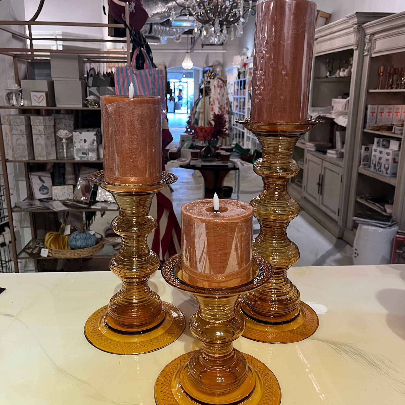 K&K Interiors Transparent Amber Glass Pillar Candleholder (sold individually) candles not included