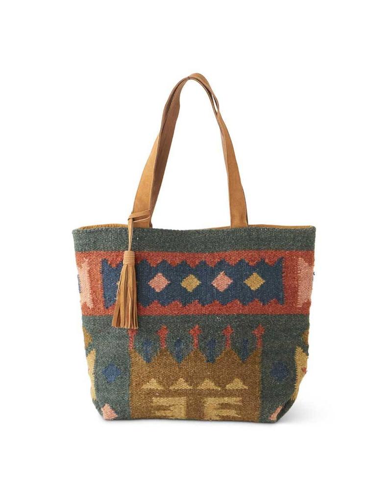 woven bag with leather straps