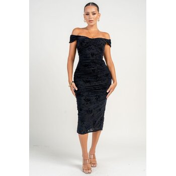 Off Shoulder Back Open Ruching Mermaid Midi Dress