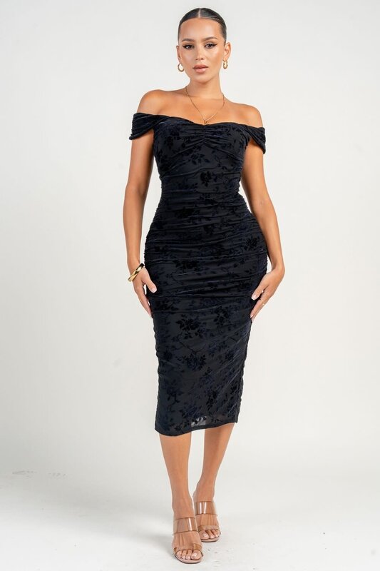 OOff Shoulder Back Open Ruching Mermaid Midi Dress