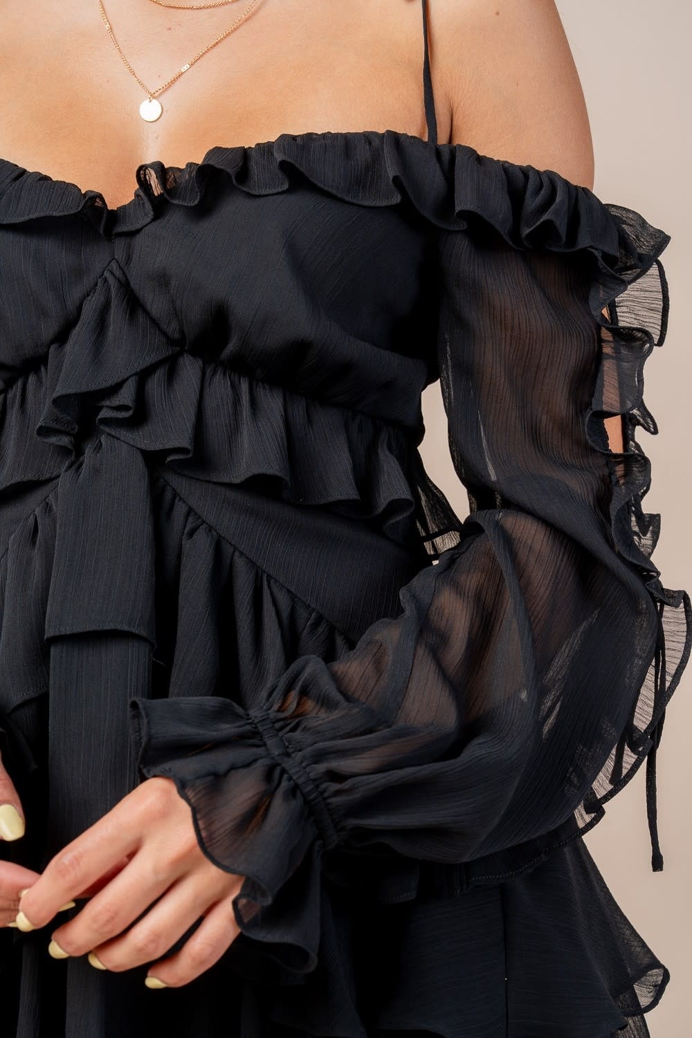 Multi Ruffle Off Shoulder Mini Dress