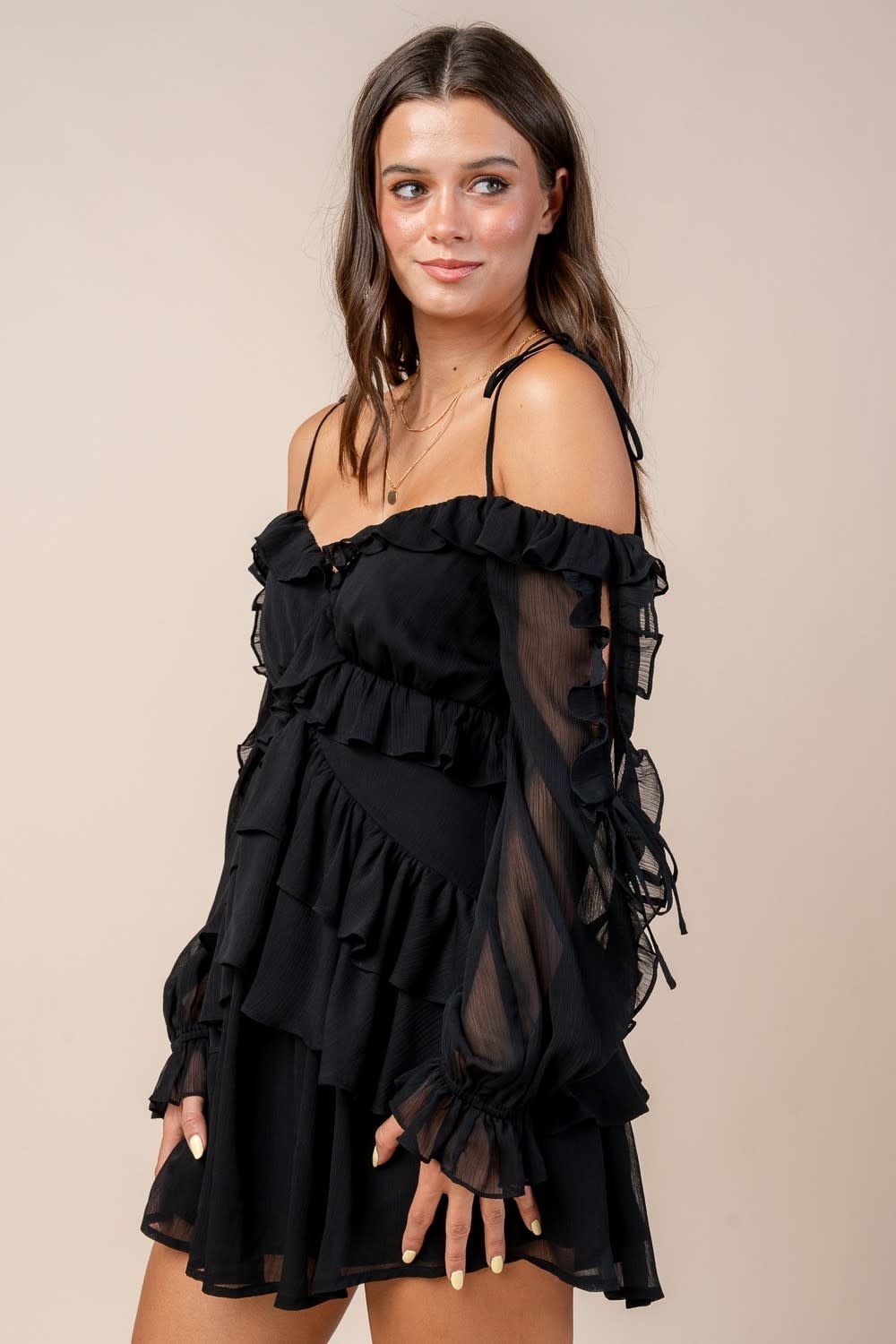 Multi Ruffle Off Shoulder Mini Dress
