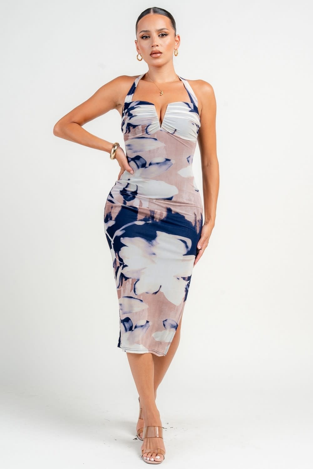 Halter Nk Wire Inset Side Slit Midi Print Dress