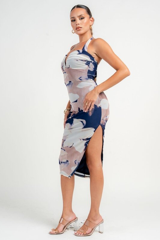 Halter Nk Wire Inset Side Slit Midi Print Dress