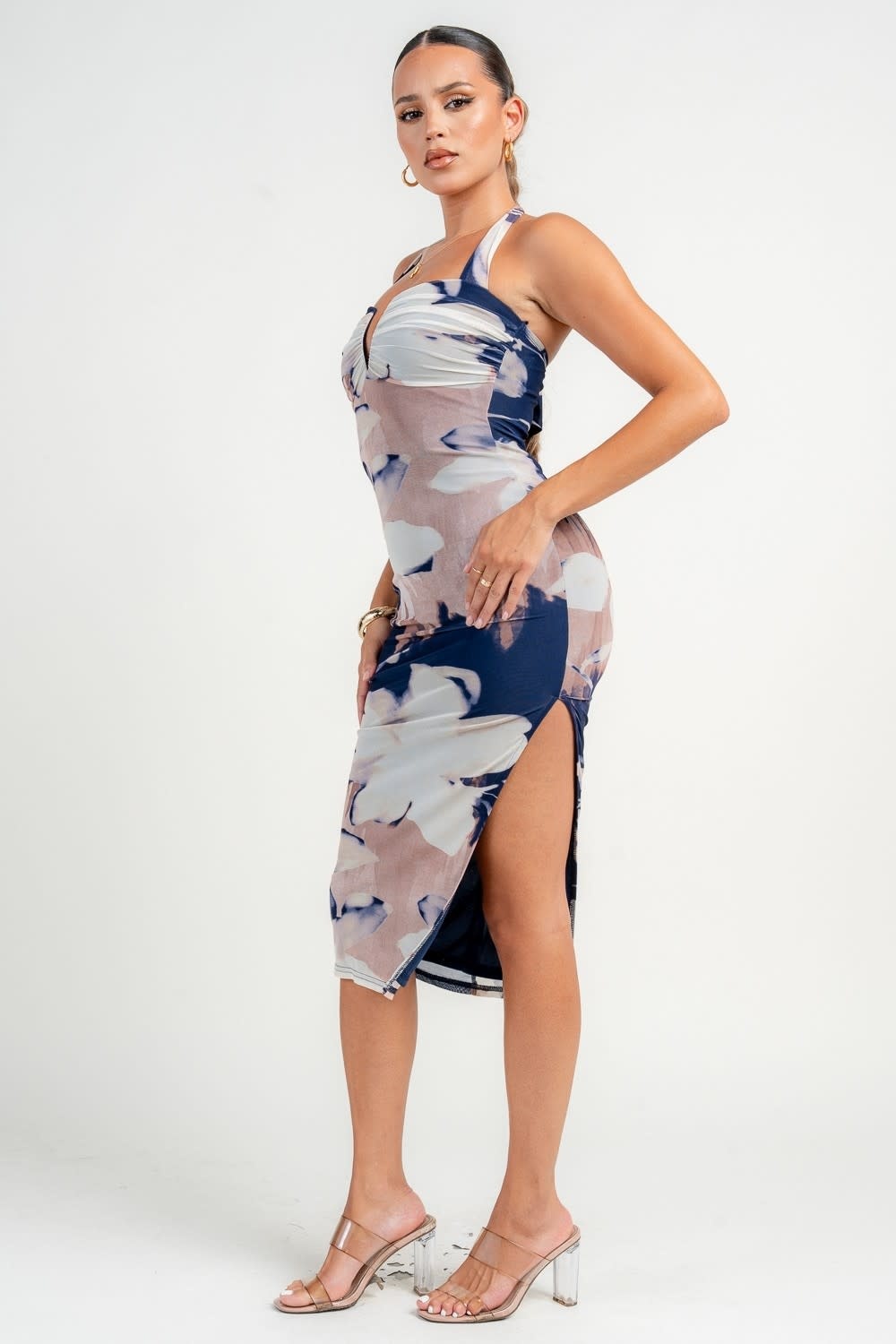 Halter Nk Wire Inset Side Slit Midi Print Dress