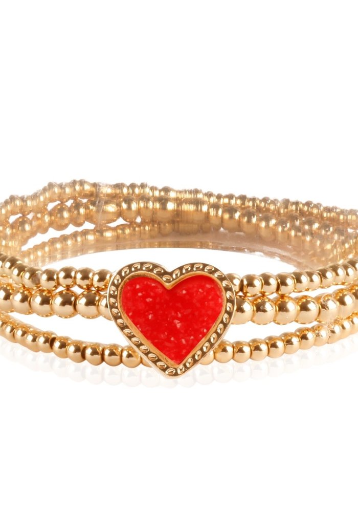 Red Druzy Heart Gold Triple Bracelet Set