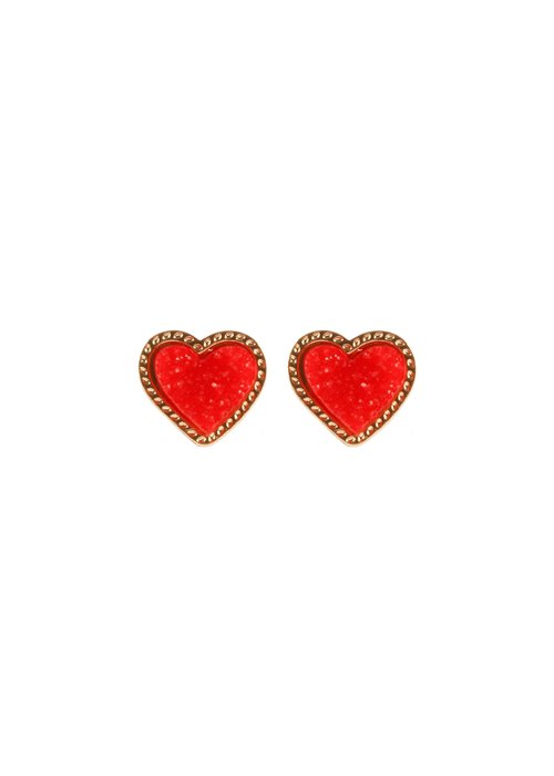 Red Drusy Heart Stud Earrings