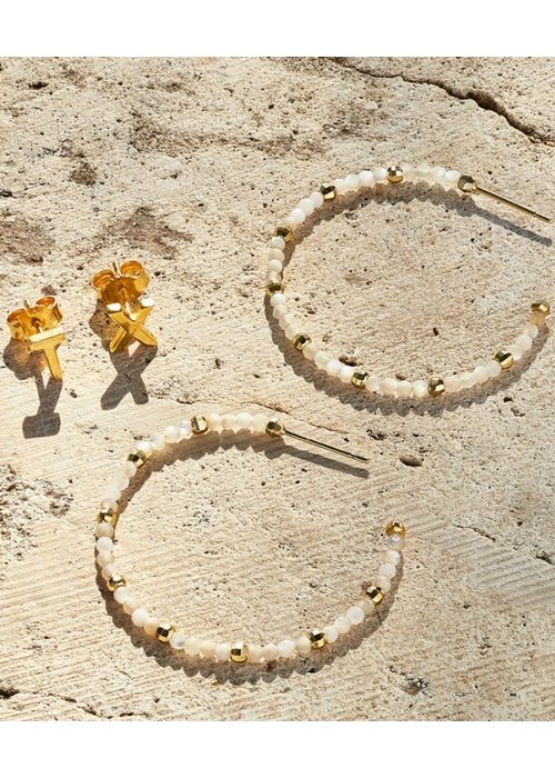 Britt Gold Thin Beaded Hoop Earrings in Ivory Mother-of-Pearl