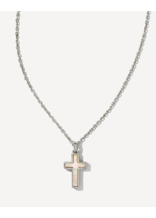 Kendra Scott Cross Silver Pendant Necklace in White Kyocera Opal