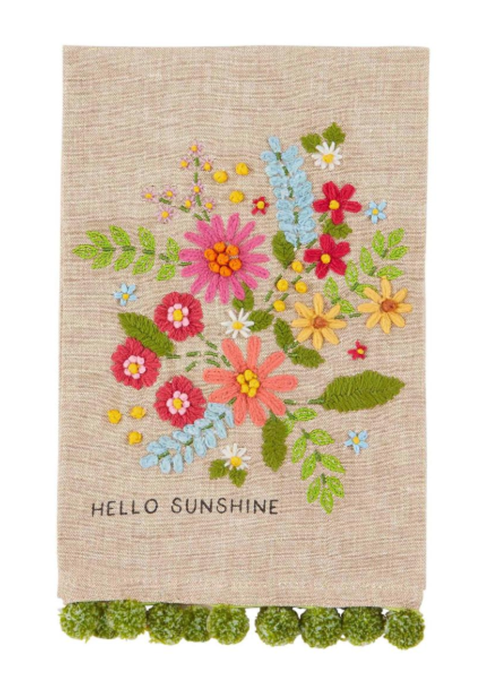 Hello Sunshine Embroidered Floral Tea Towel - The Trendy Trunk