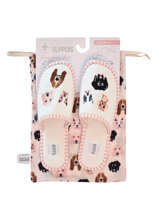 Foldable Travel Slippers in Dog Face Patterned Pouch