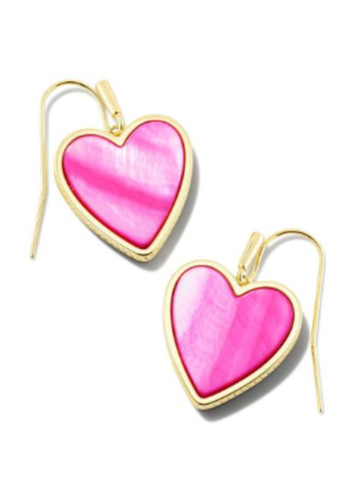 Gold Plated Hot Pink Mother of Pearl Heart Drop Earrings
