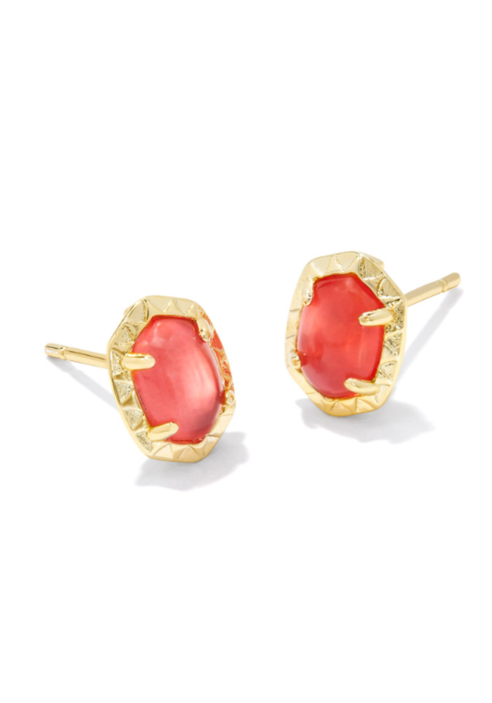 The Daphne Gold Stud Earrings in Coral Pink Mother of Pearl