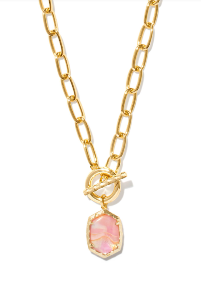 The Daphne Gold Link and Chain Necklace in Light Pink Iridescent Abalone