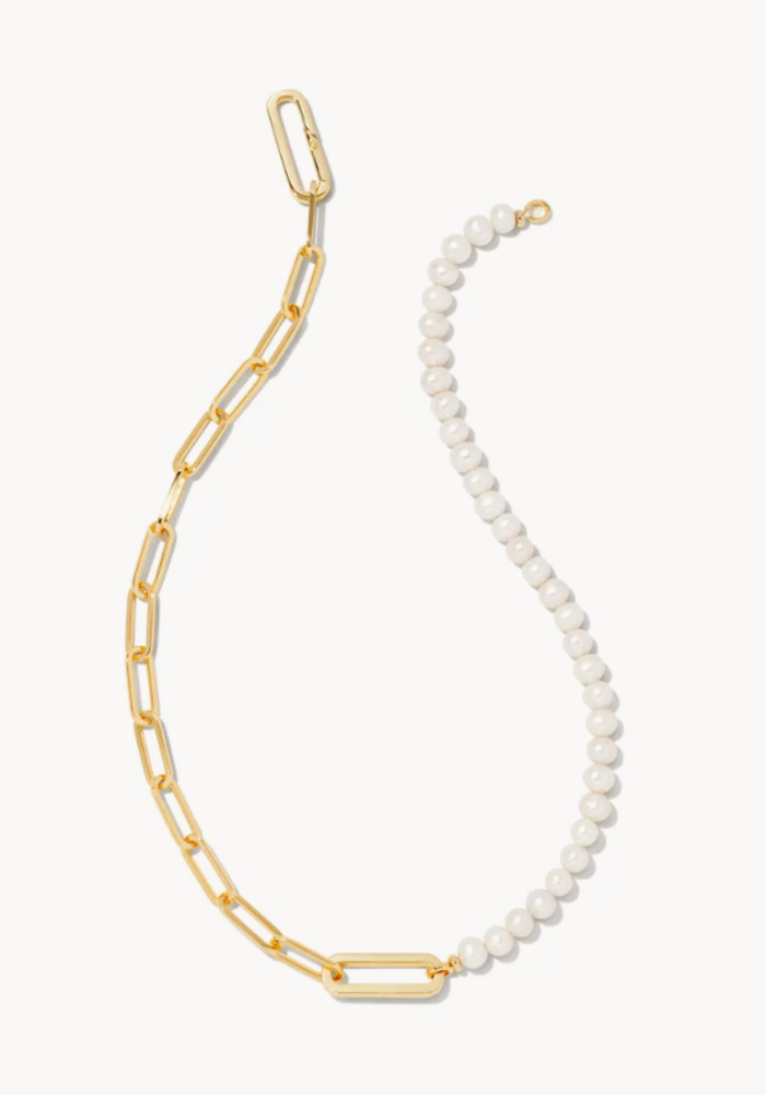 The Ashton Gold Half Chain Necklace in White Pearl