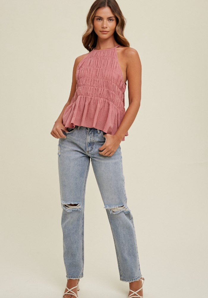 The Aly High Neck Smocked Top