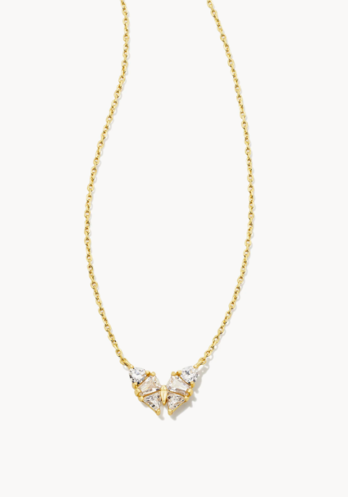 The Blair Gold Butterfly Small Short Pendant Necklace in White Crystal