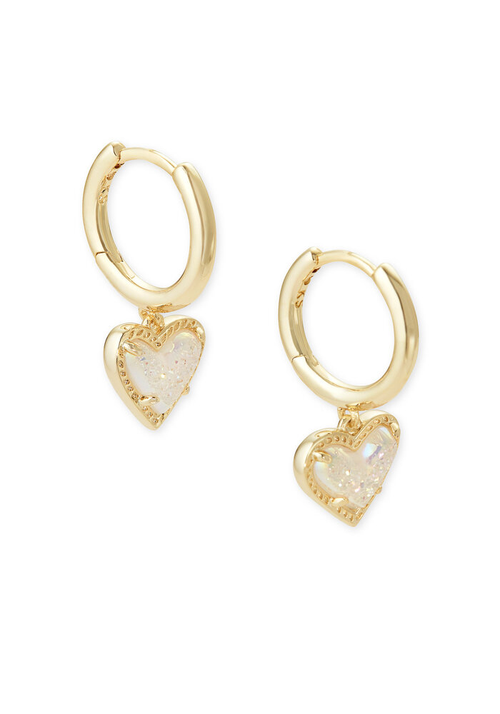 The Ari Heart Gold Huggie Earrings in Iridescent Drusy