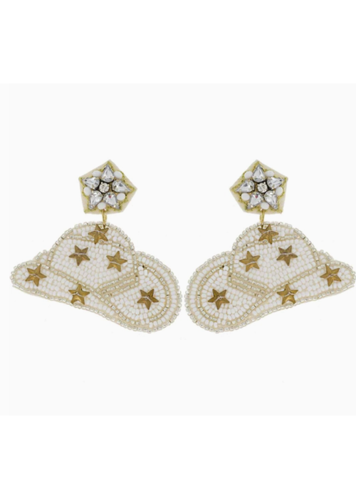 Jeweled Star Cowboy Hat Dangle Earrings White