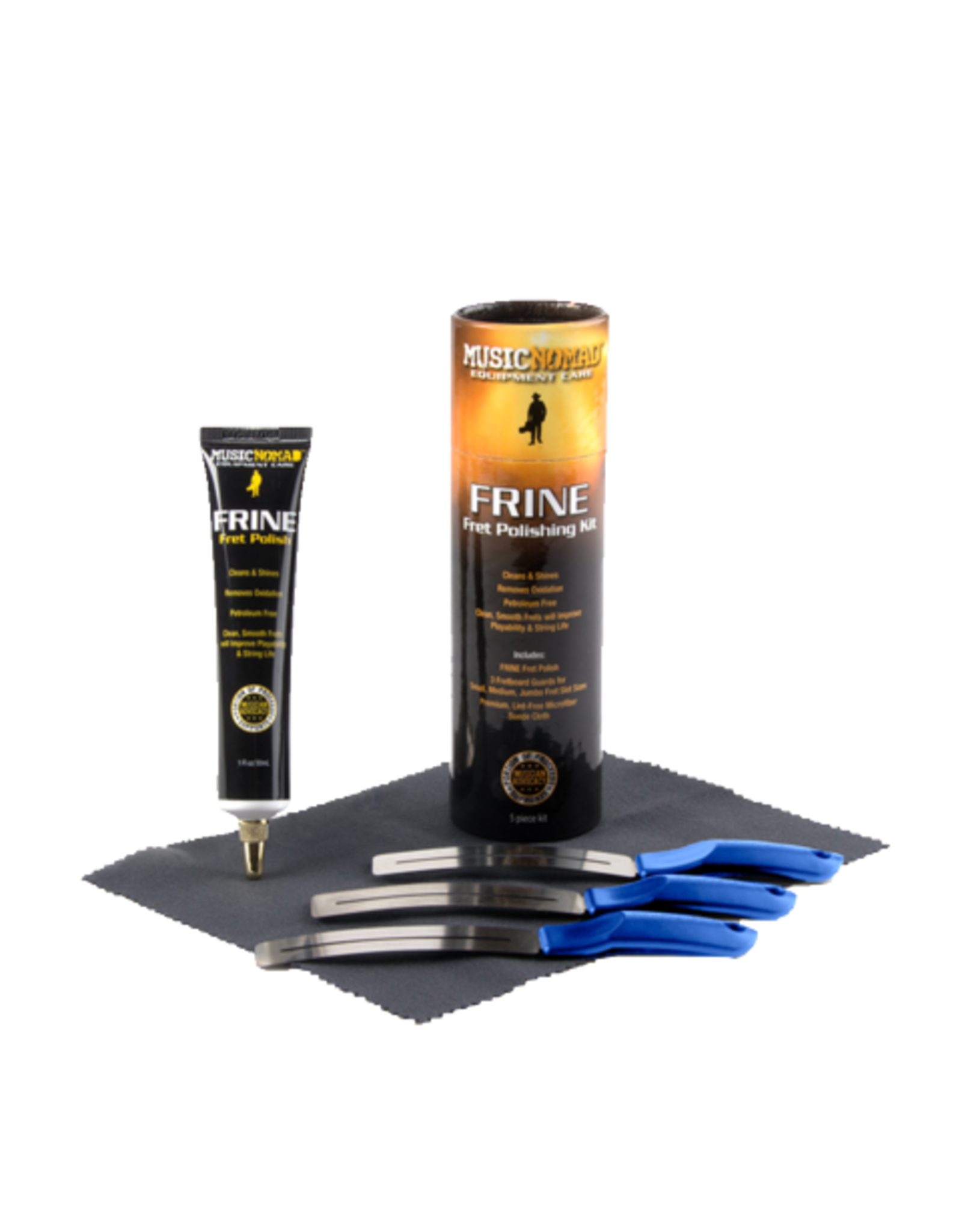 MUSIC NOMAD FRINE Fret Polishing Kit-FRINE Fret Polish, 3 Fretboard Guards, 8"x6" Cloth 5 Pak