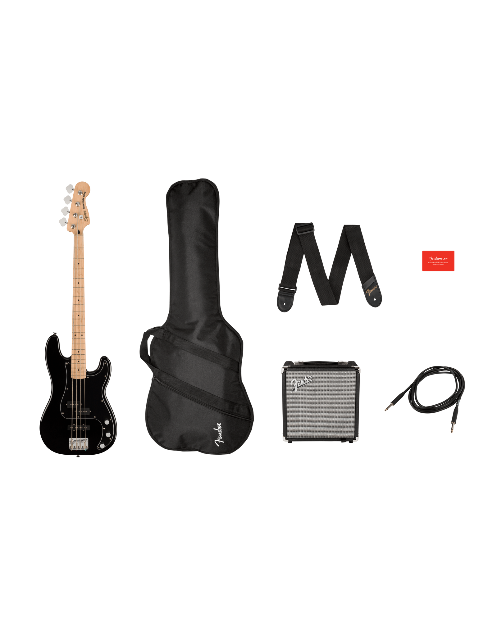 Squier Squier Affinity Series Precision Bass PJ Pack, Maple Fingerboard, Black, Gig Bag, Rumble 15 - 120V