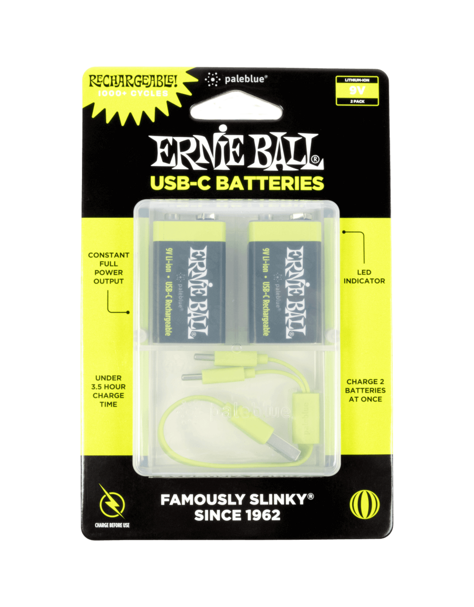Ernie Ball Ernie Ball USB-C Rechargeable 9v Battery by Paleblue - 2-pack