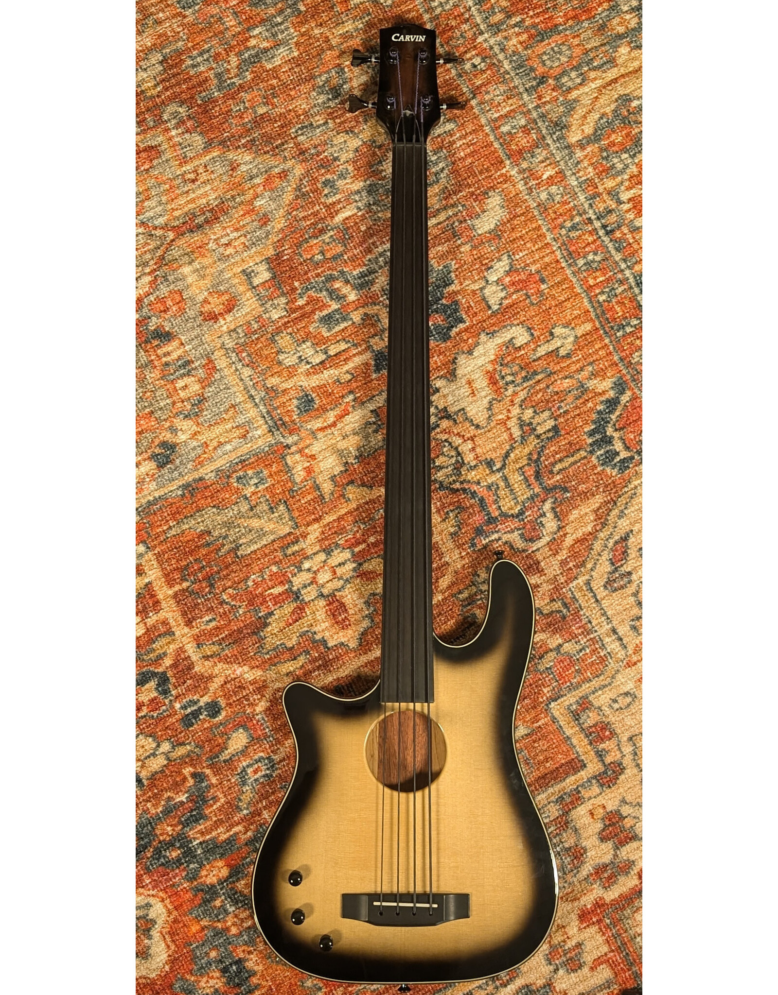 Carvin Semi-Acoustic Fretless Left Handed Bass, 2 Color Burst w/ohsc