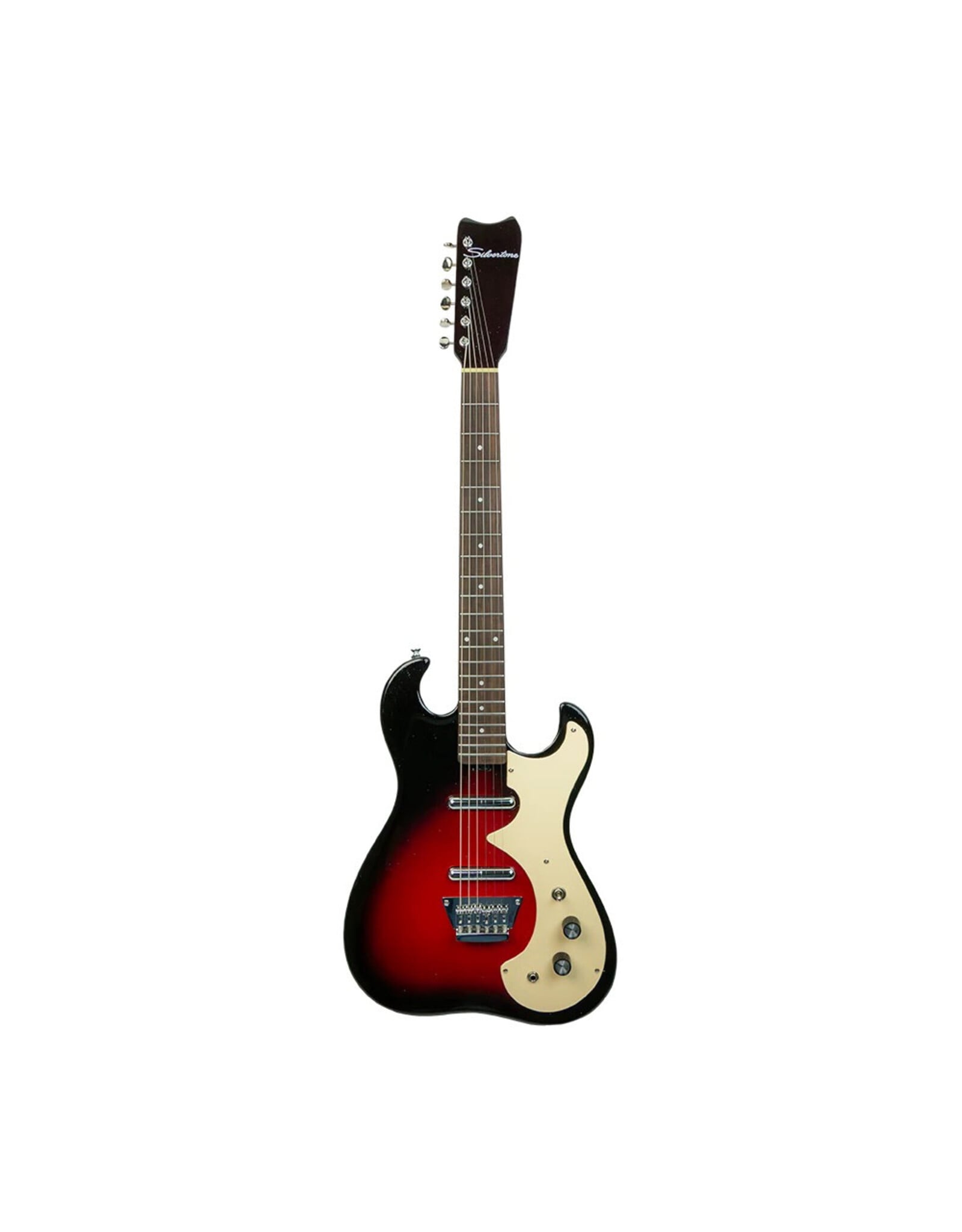 Silvertone 1449 Double Cut Electric Guitar with Lipstick Pickups, Red Silver Flake