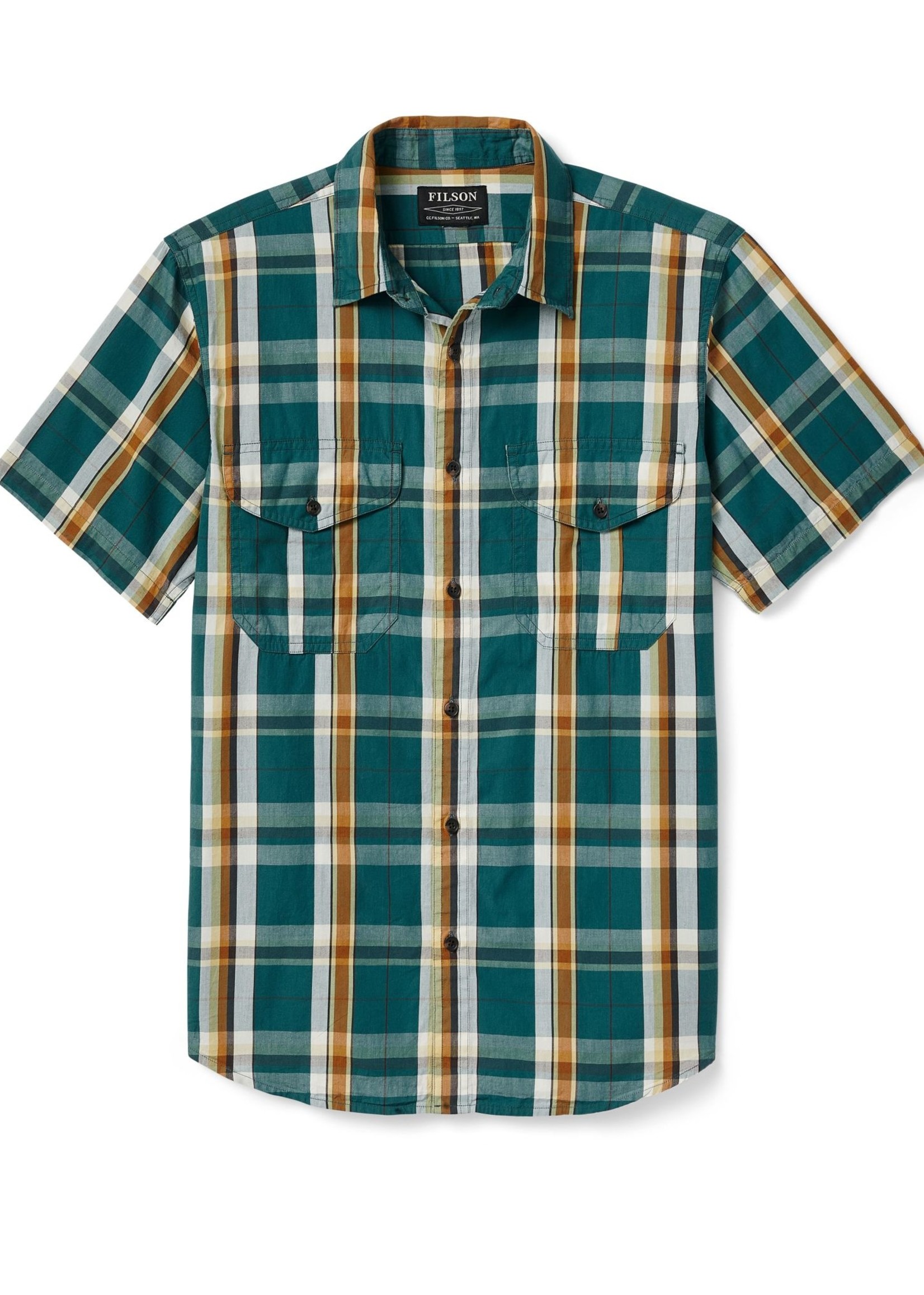 Filson Filson's Washed Short Sleeve Feather Cloth Shirt: GrnGldWht